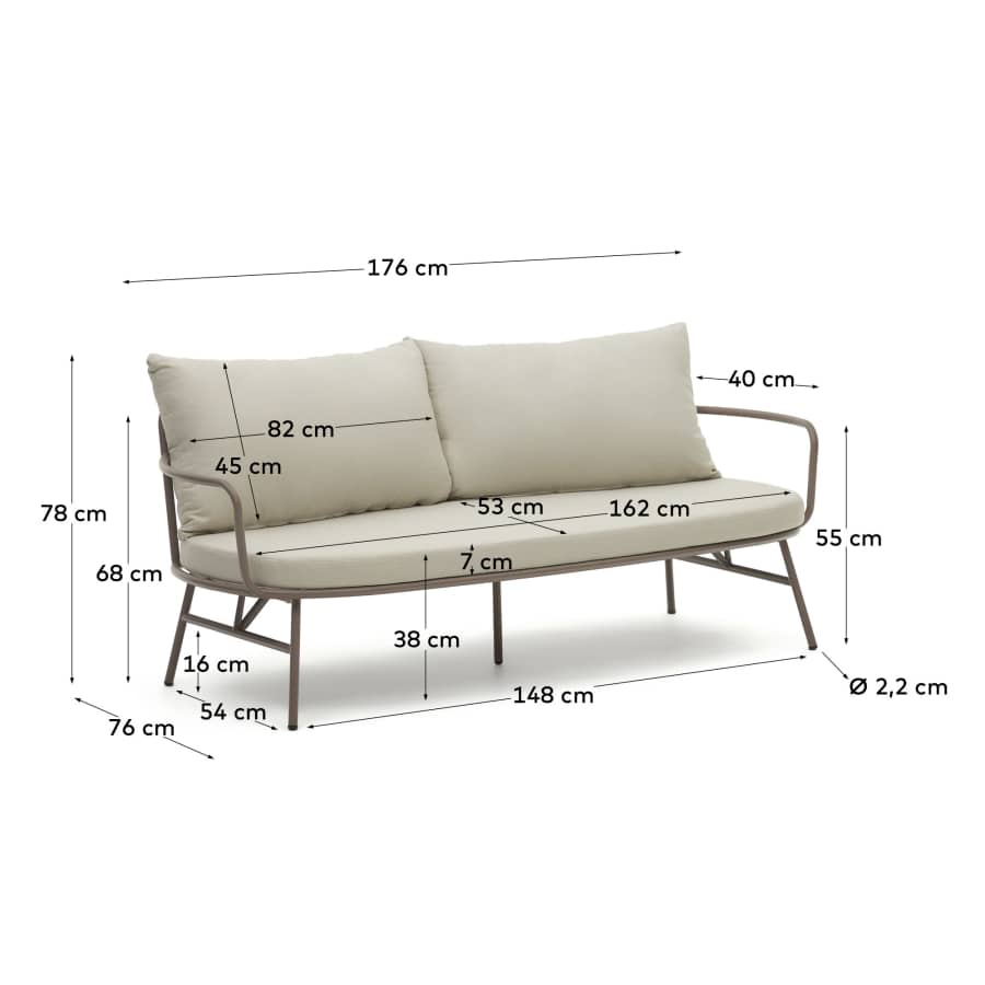 Bramant 2 seater steel sofa with mauve finish, 175.5 cm