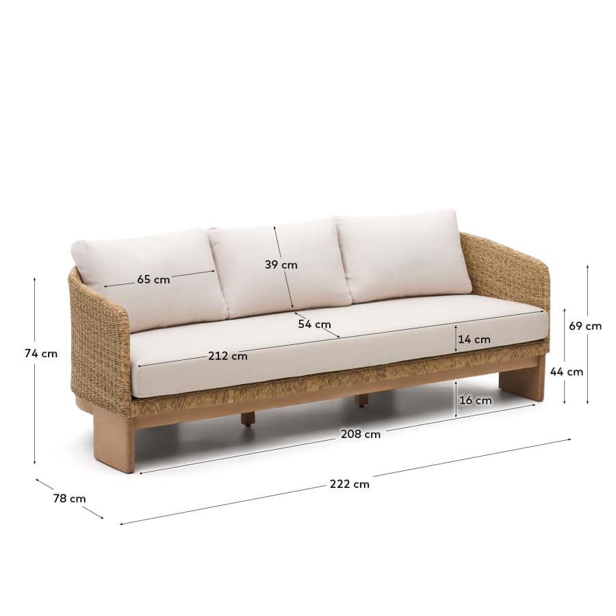 Xoriguer 3-seater sofa in synthetic rattan and solid eucalyptus wood, 223 cm FSC 100%