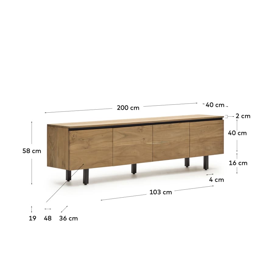 Meuble TV Uxue 4 portes en bois d'acacia finition naturelle 200 x 58 cm