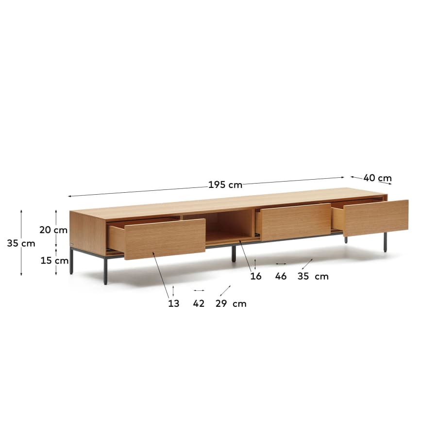 Vedrana 3 drawer TV stand in oak veneer with black steel legs, 195 x 35 cm