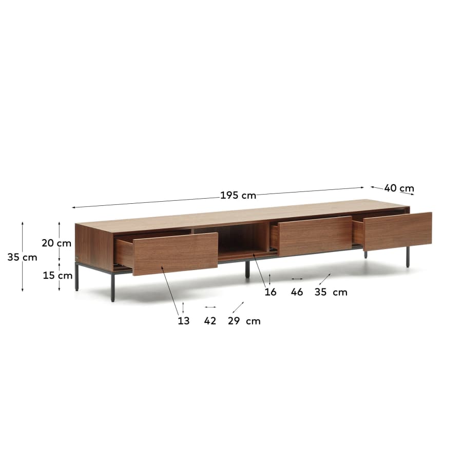 Vedrana 3 drawer TV stand in walnut veneer with black steel legs, 195 x 35 cm