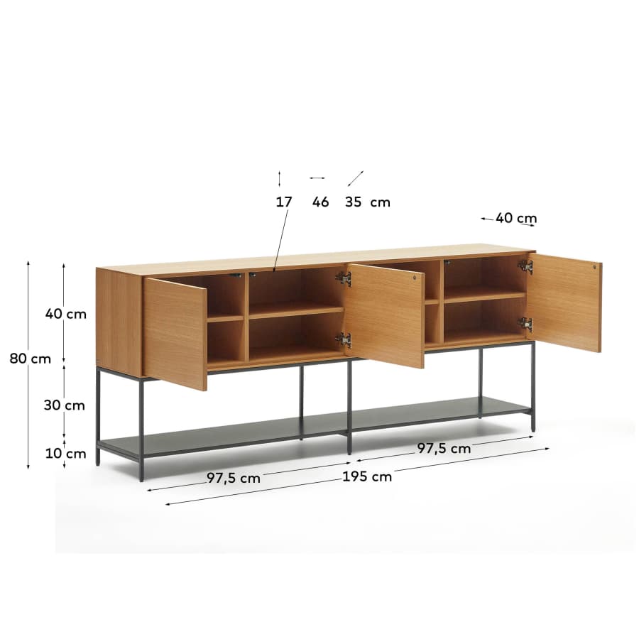 Vedrana 3 door sideboard in oak veneer with steel legs, 195 x 80 cm