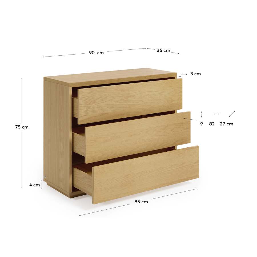 Abilen 3-drawer oak veneer chest of drawers, 90 x 75 cm, FSC™ certified