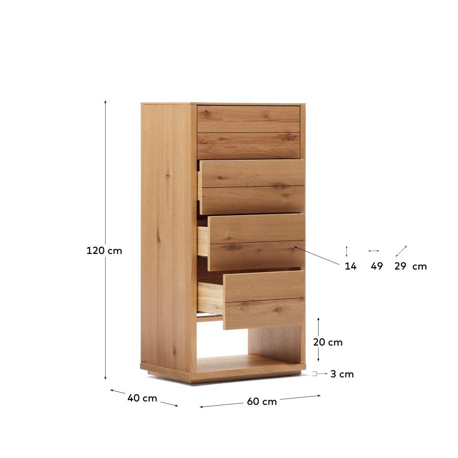 Alguema chest of drawers with 4 drawers in oak wood veneer with natural finish, 60 x 120 cm
