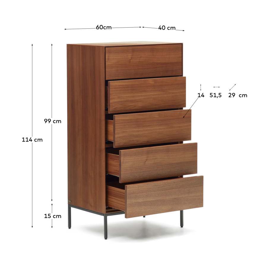Vedrana 5 drawer chest of drawers in walnut veneer with black steel legs, 60 x 114 cm