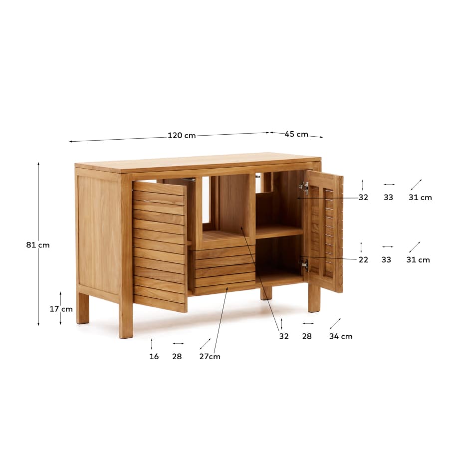 Neria bathroom furniture in solid teak wood with natural finish, 120 x 45 cm