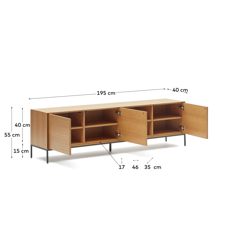 Vedrana 3-door TV stand in oak veneer with black steel legs, 195 x 55 cm