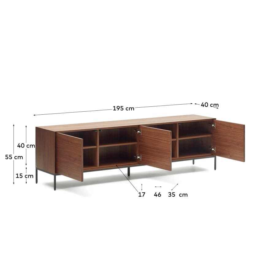 Vedrana 3-door TV stand in walnut veneer with black steel legs, 195 x 55 cm