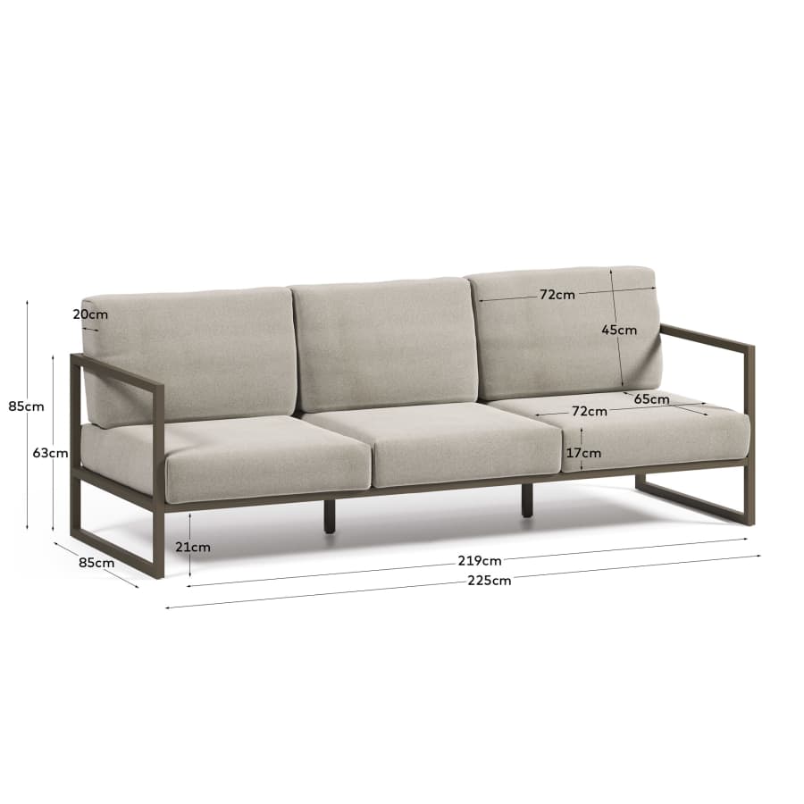 Comova 100% outdoor 3-seater sofa in light grey and green aluminium, 222 cm