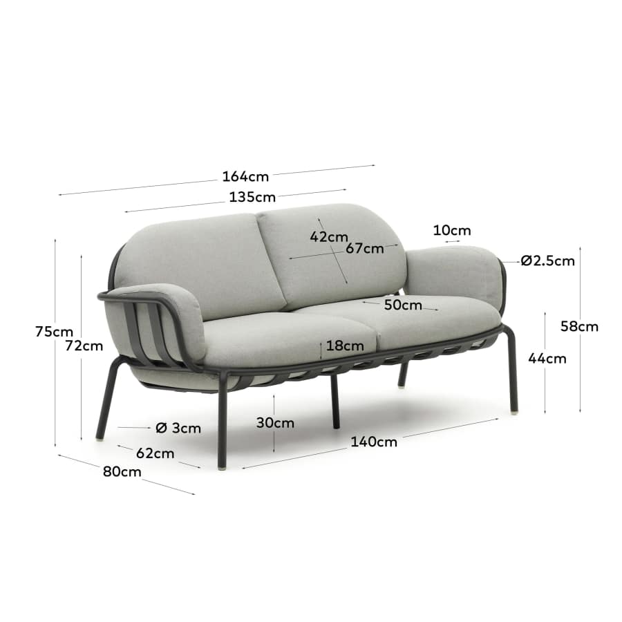 Joncols outdoor aluminium 2 seater sofa with powder coated grey finish, 165 cm