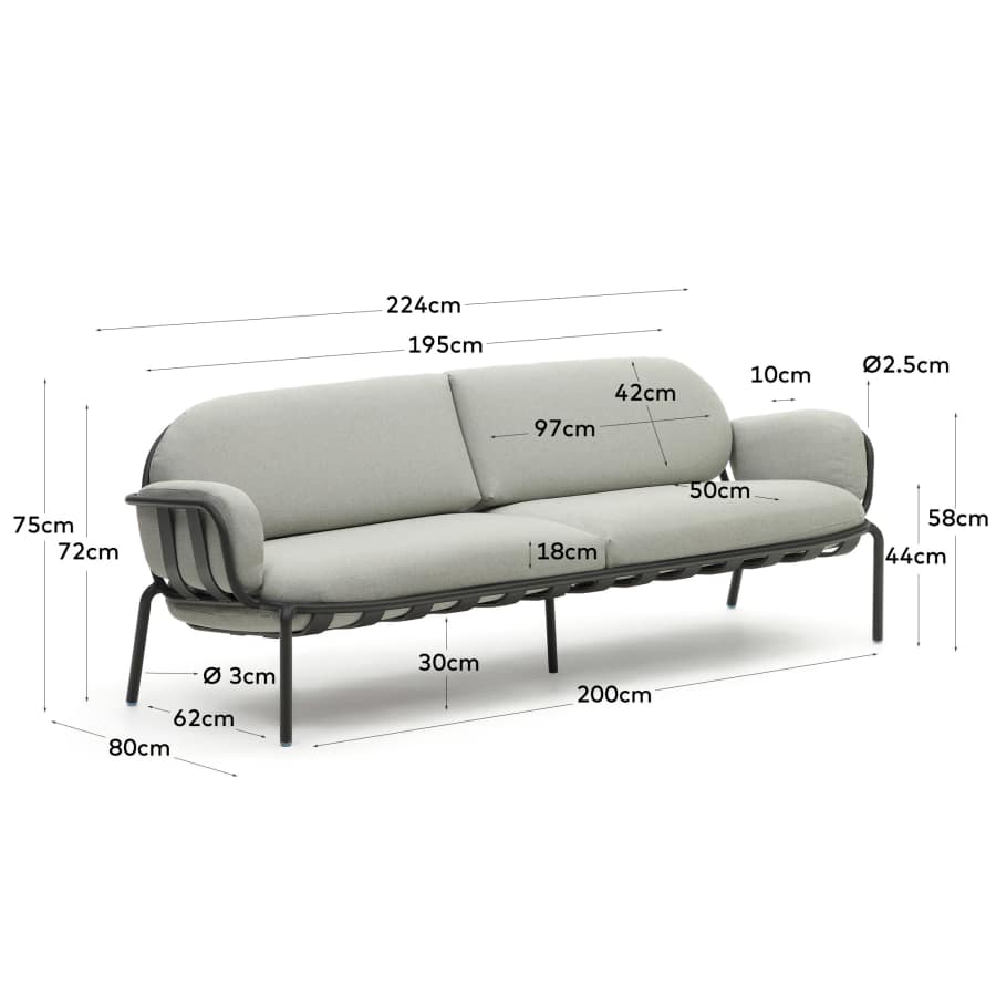 Joncols outdoor aluminium 3 seater sofa with powder coated grey finish, 225 cm