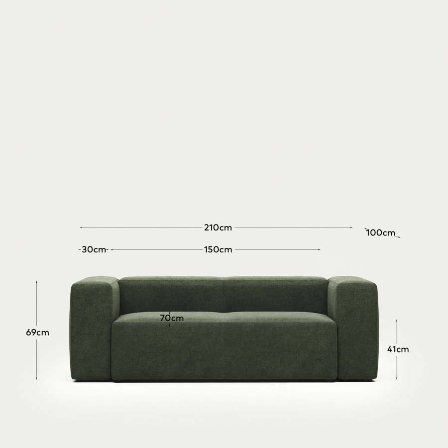 Blok fire-retardant 2-seater sofa in green chenille 210cm