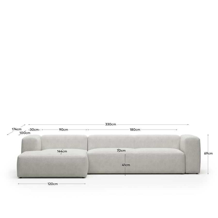Blok 4 seater sofa with left side chaise longue in white fleece, 330 cm FR