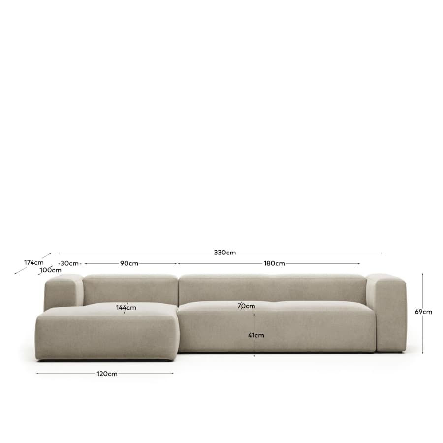 Blok fire-retardant 4-seater sofa with left chaise longue in beige chenille 330cm