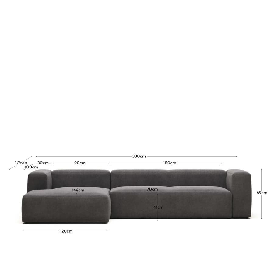 Blok 4 seater sofa with left side chaise longue in grey, 330 cm FR