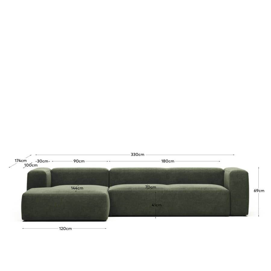 Blok fire-retardant 4-seater sofa with left chaise longue in green chenille 330cm