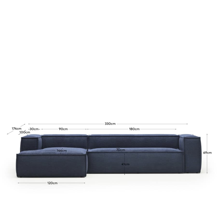 Blok 4 seater sofa with left side chaise longue in blue, 330 cm FR