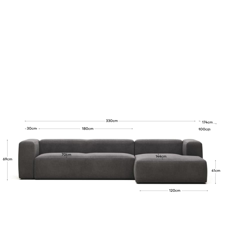 Blok 4 seater sofa with right side chaise longue in grey, 330 cm FR