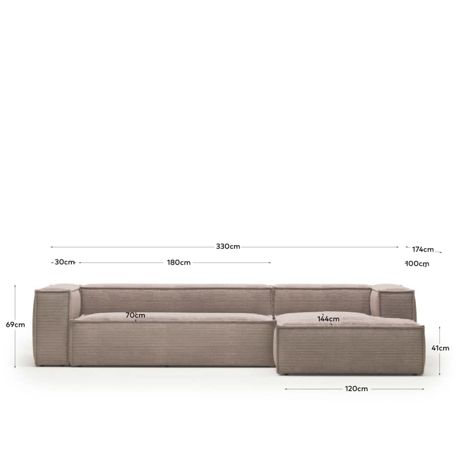 Blok 4 seater sofa with right side chaise longue in pink wide seam corduroy, 330 cm