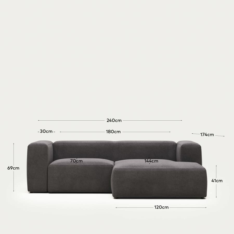 Blok 2 seater sofa with right side chaise longue in grey, 240 cm FR