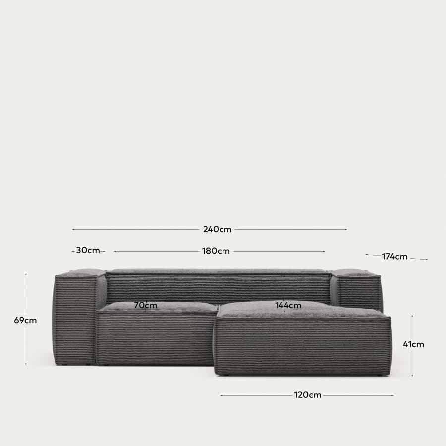 Blok 2 seater sofa with right side chaise longue in grey corduroy, 240 cm FR