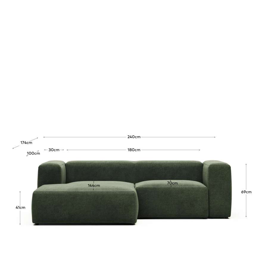 Blok fire-retardant 2-seater sofa with left chaise longue in green chenille 240cm