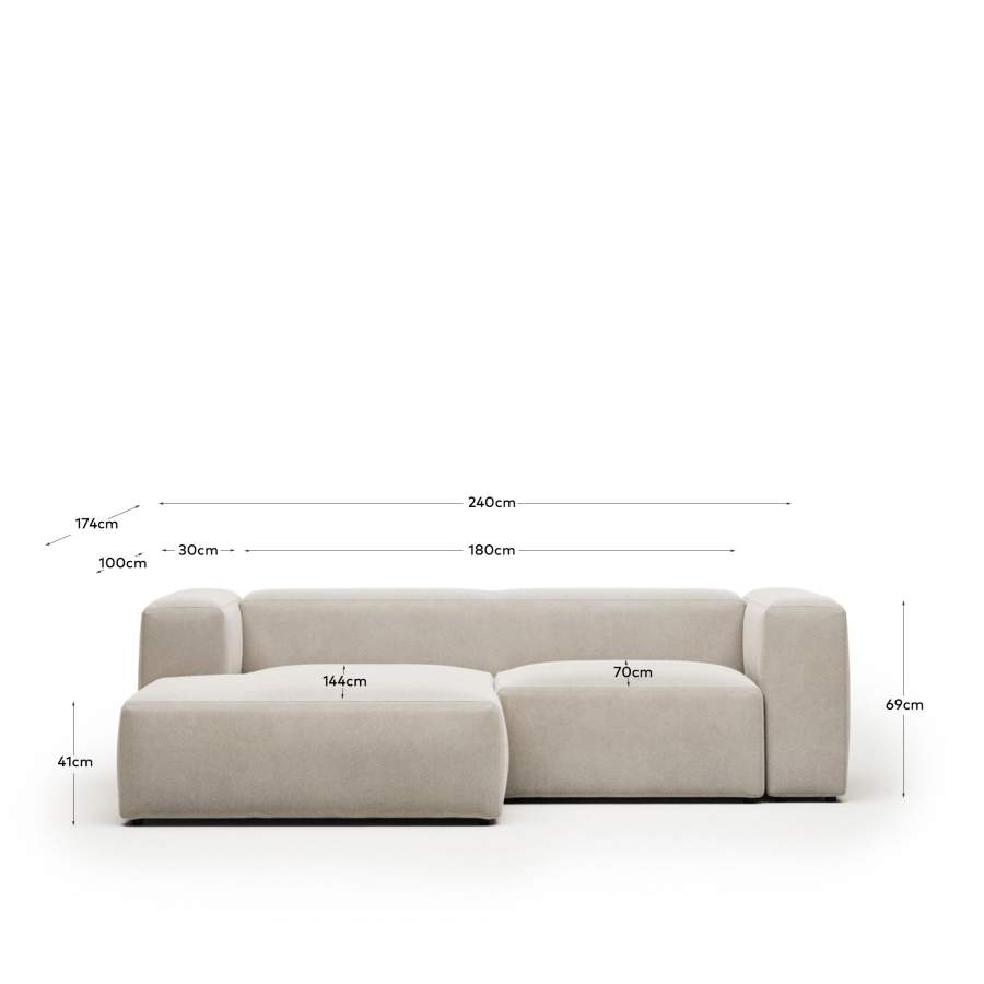 Blok fire-retardant 2-seater sofa with left chaise longue in white chenille 240cm