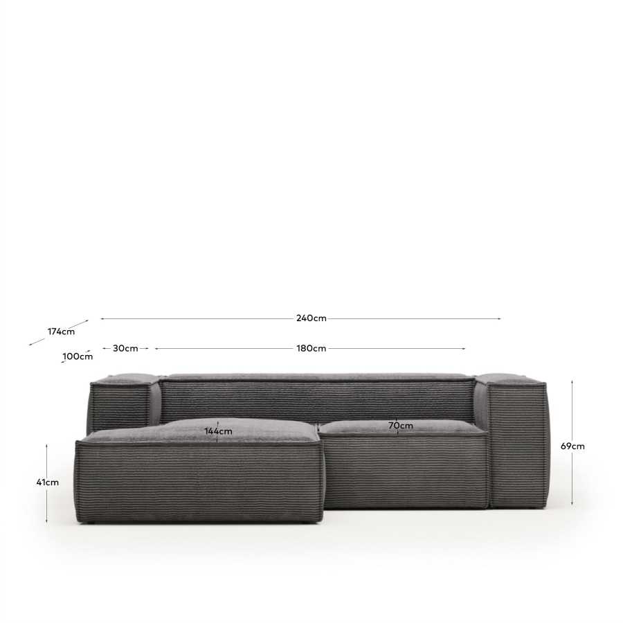 Blok 2 seater sofa with left side chaise longue in grey corduroy, 240 cm FR