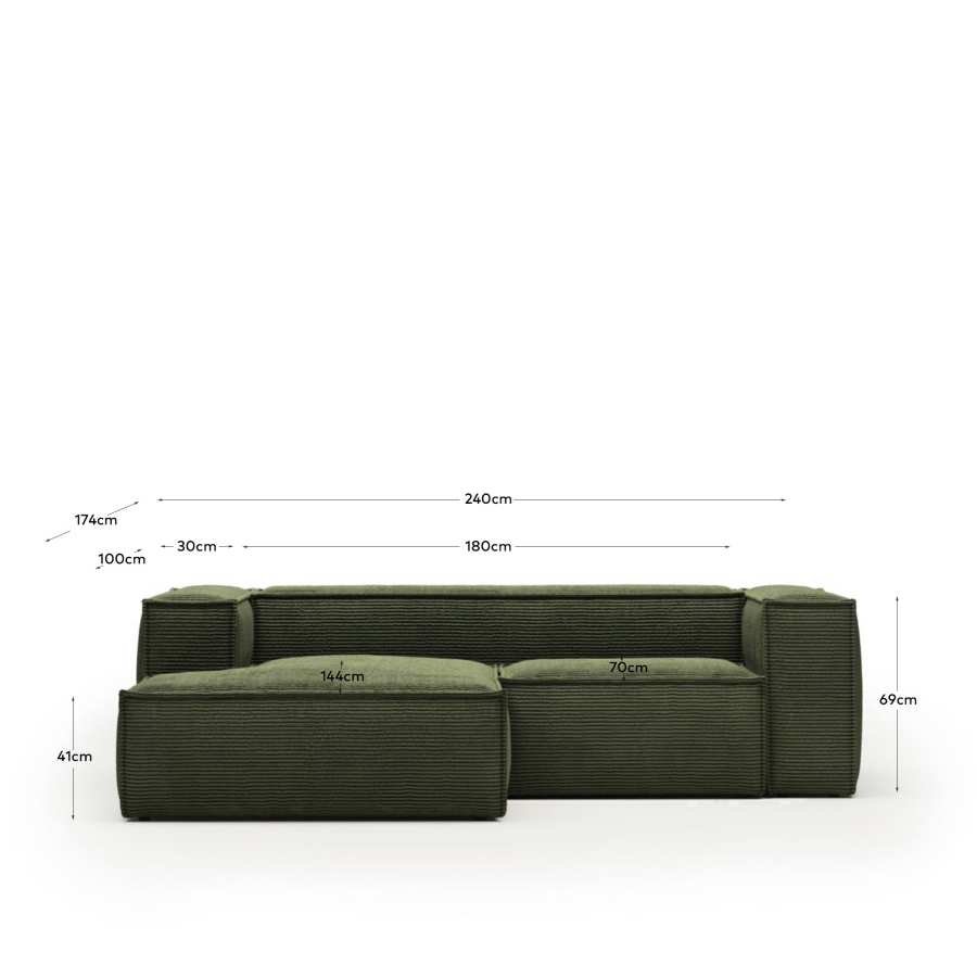 Blok fire-retardant 2-seater sofa with left chaise longue in thick green corduroy 240cm FSC Mix Credit