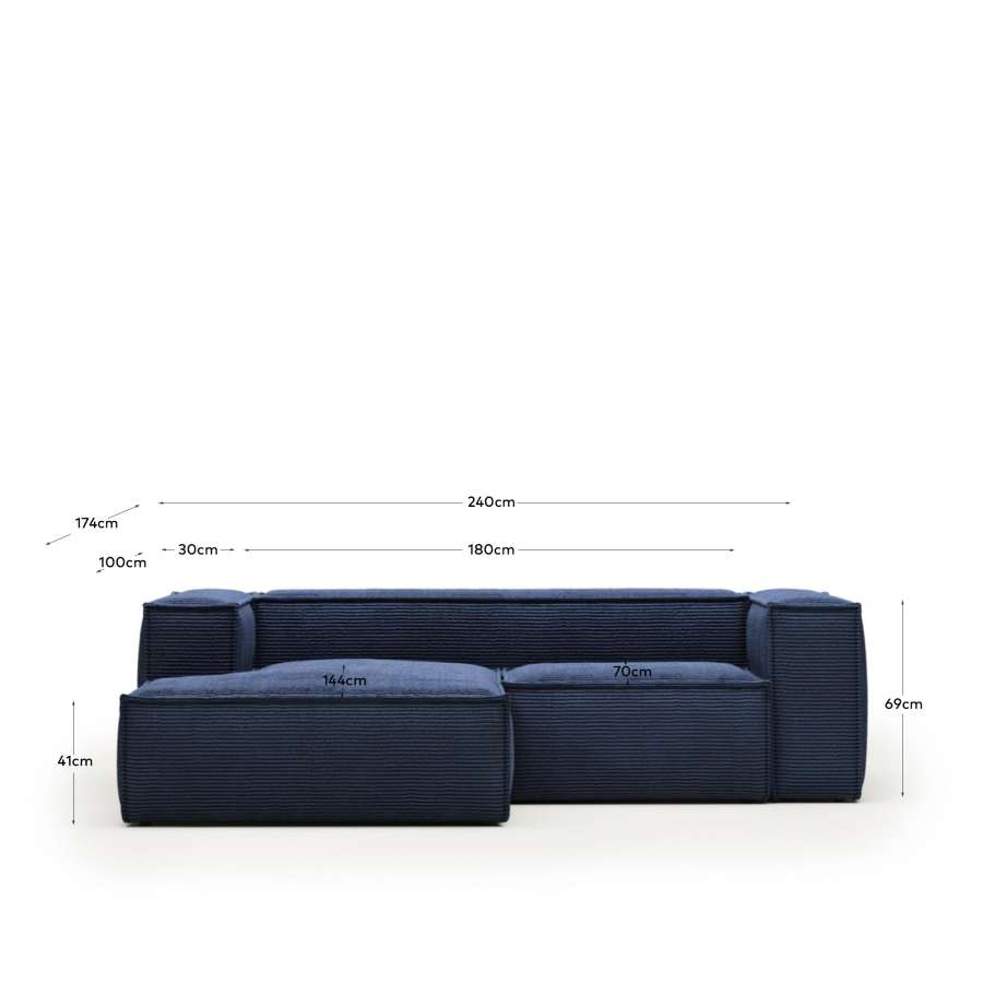 2-Sitzer-Sofa Blok mit Chaiselongue links, schwer entflammbar mit dickem, blauem Cord, 240 cm, FSC Mix Credit