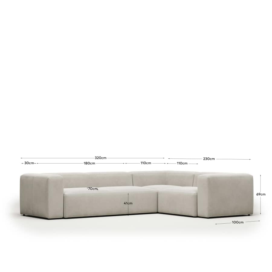 Blok fire-retardant 4-seater corner sofa in white chenille 320 x 230cm/230 x 320cm