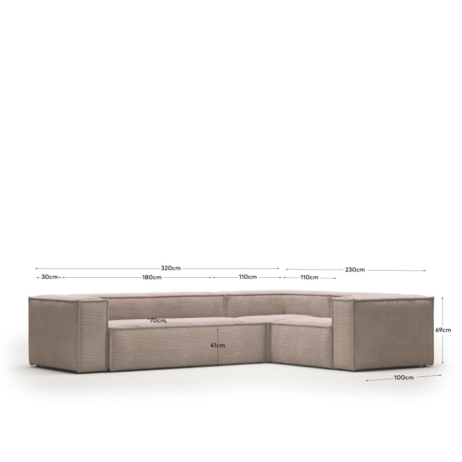 Blok 4 seater corner sofa in pink wide seam corduroy, 320 x 230 cm / 230 x 320 cm FSC Mix Credit