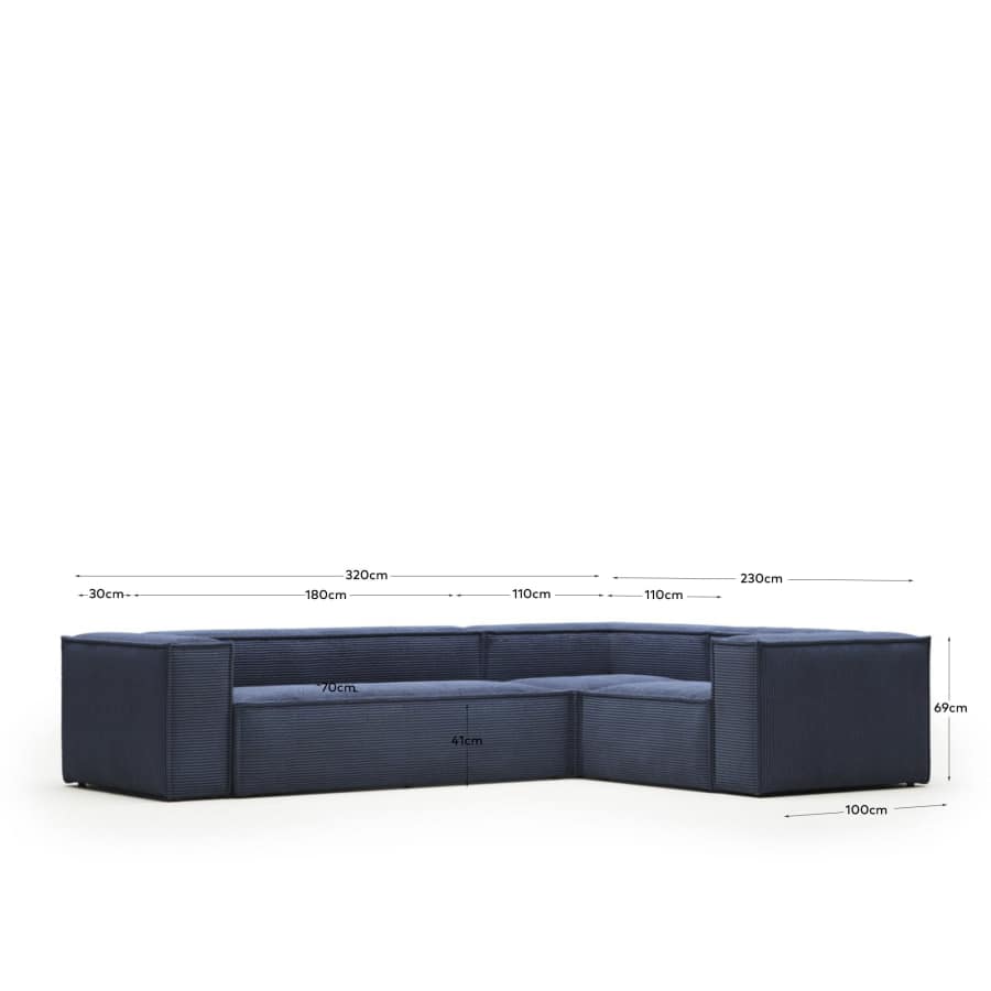 Blok 4 seater corner sofa in blue wide seam corduroy, 320 x 230 cm / 230 x 320 cm FR