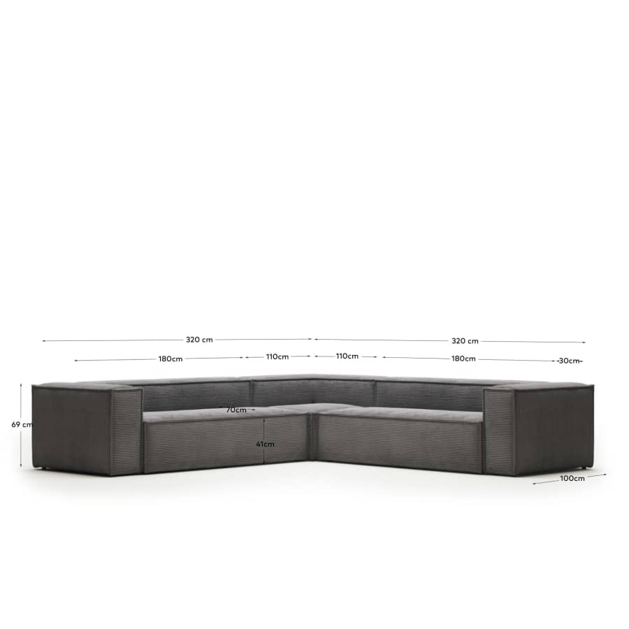 Blok 6 seater corner sofa in grey corduroy, 320 x 320 cm FR
