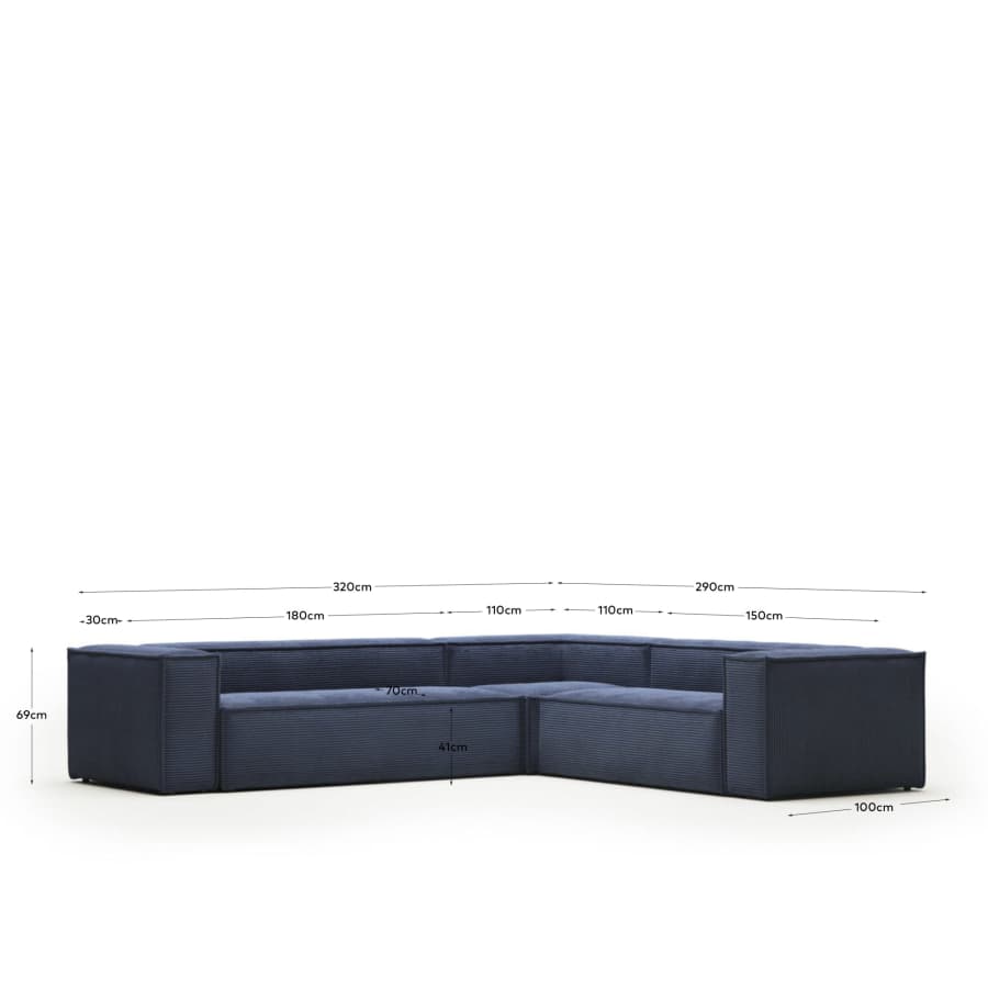 Blok 5 seater corner sofa in blue wide seam corduroy, 320 x 290 cm / 290 x 320 cm FR