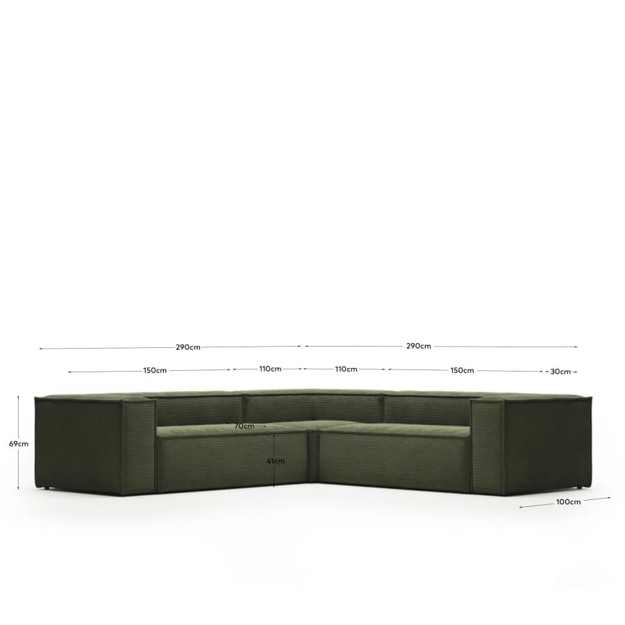 Blok fire-retardant 4-seater corner sofa in thick green corduroy 290 x 290cm FSC Mix Credit