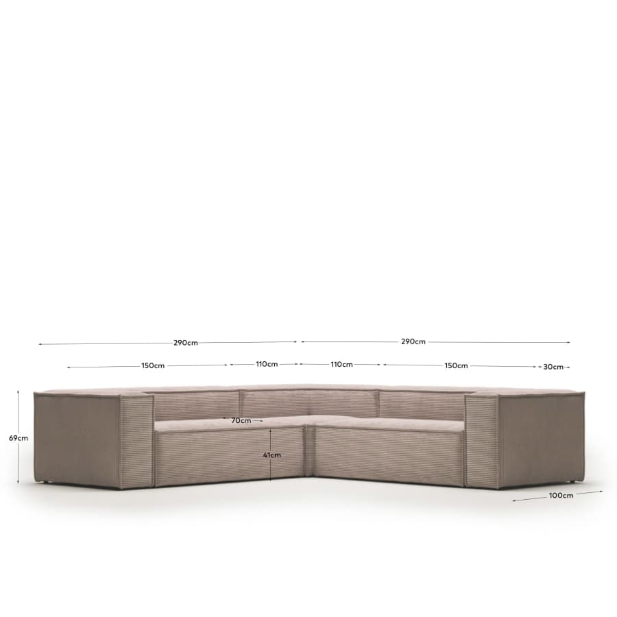 Blok fire-retardant 4-seater corner sofa in thick pink corduroy 290 x 290cm FSC Mix Credit