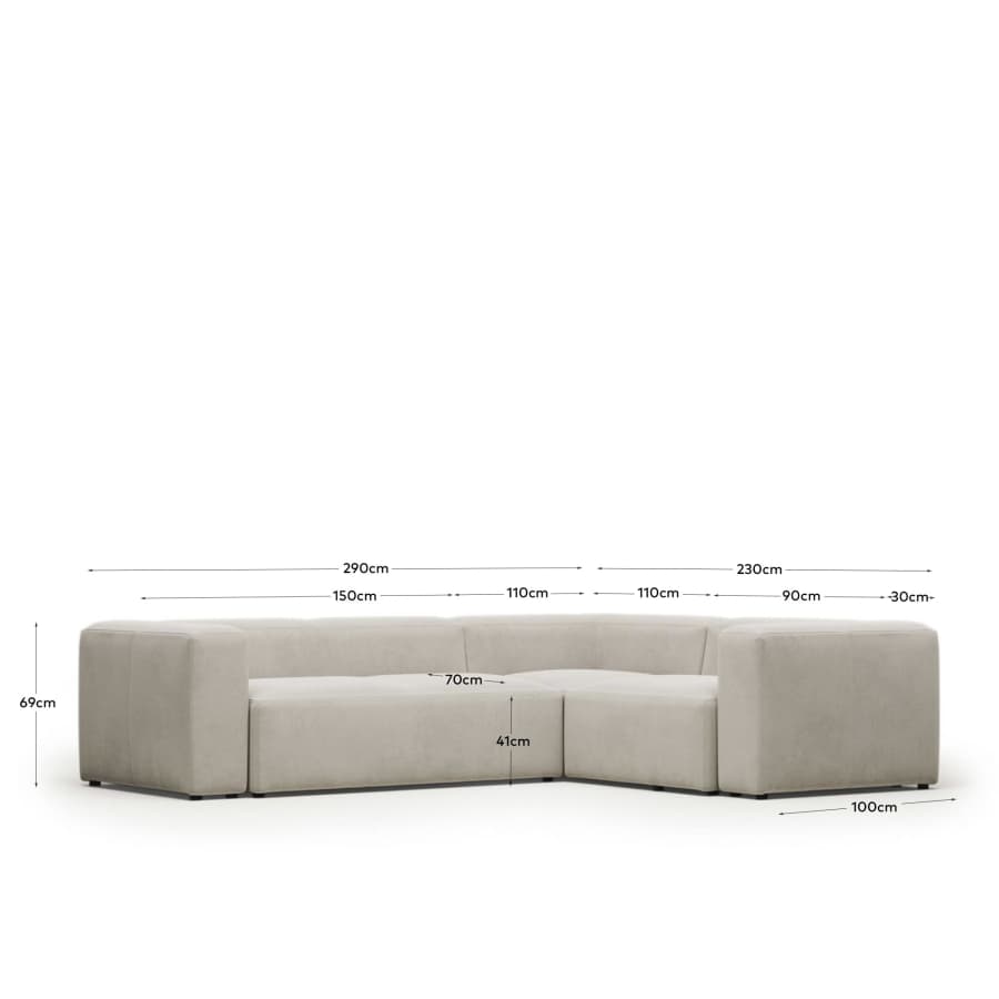 Blok fire-retardant 3-seater corner sofa in white chenille 290 x 230cm/230 x 290cm