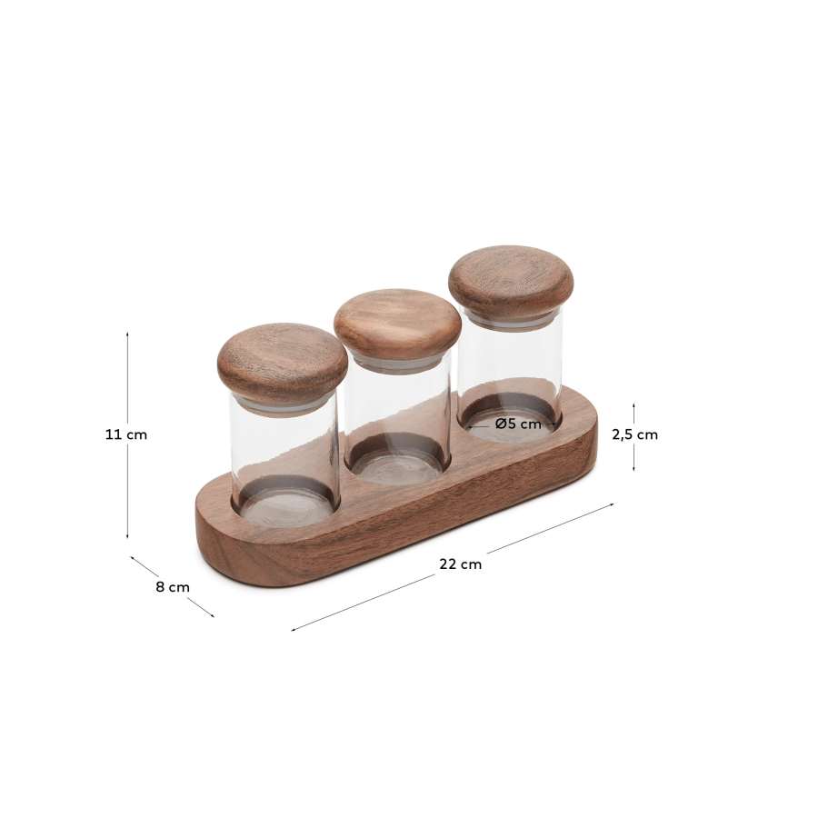 Emelin set of 3 glass and acacia wood spice jars