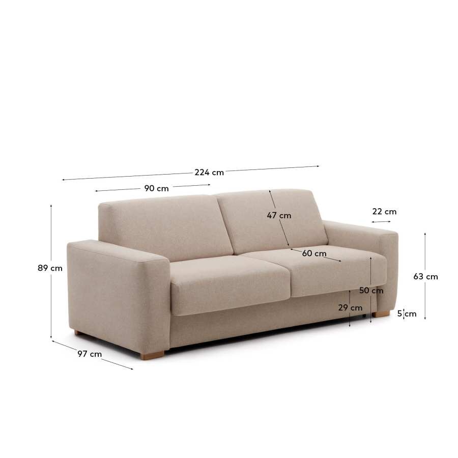Anley beige 3-seater sofa bed with solid beech wood legs 224cm FSC Mix Credit