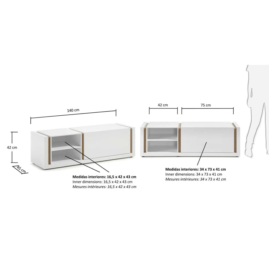 Moble TV DE lacat blanc i detalls en xapa de roure 140 x 42 cm