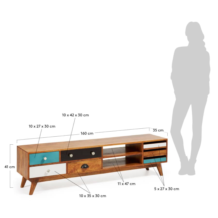 Conrad solid mango wood TV stand with 7 drawers, multicolour and natural finish, 160 x 41 cm