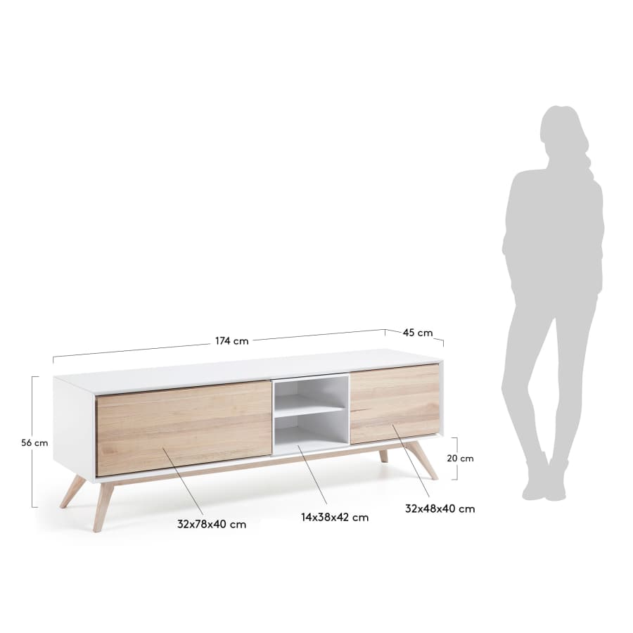 Eunice ash wood veneer and white lacquer TV stand with 2 doors, 174 x 56 cm
