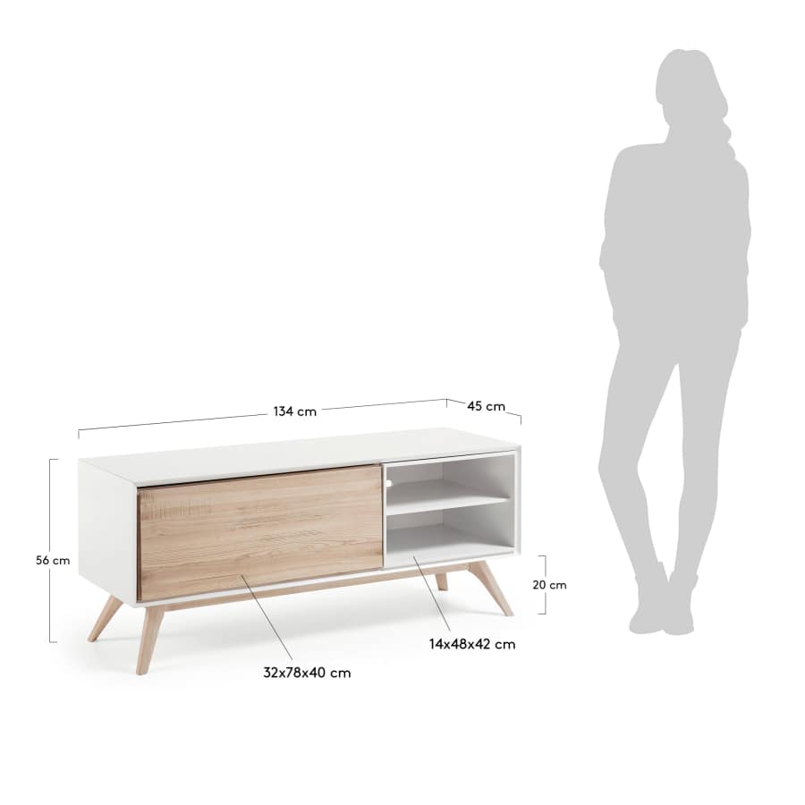 Eunice ash wood veneer and white lacquer TV stand with 1 door, 134 x 56 cm