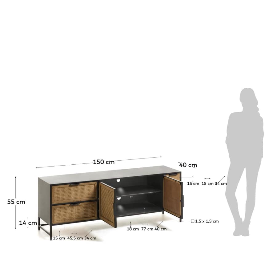 Kyoko solid fir tree wood and black metal TV stand with 2 wicker doors & 4 drawers, 150 x 55 cm