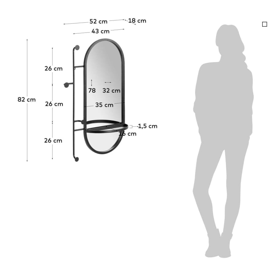 Zada mirror with hooks in black steel, 52 x 82 cm