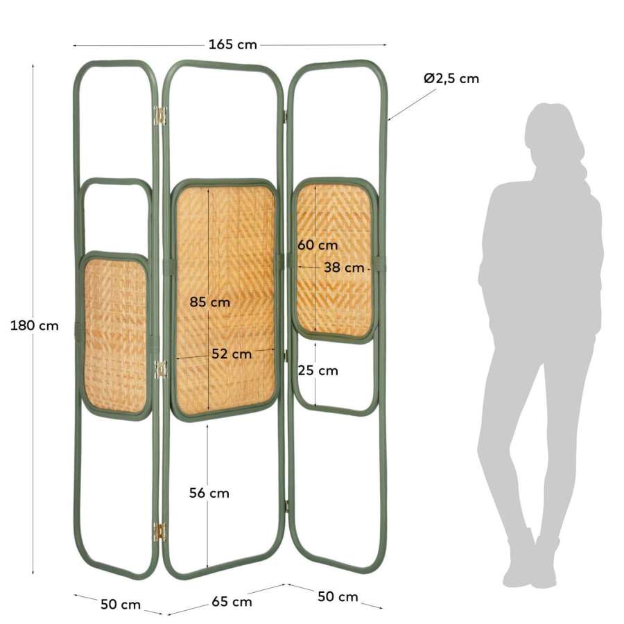 Paravento Margaret in rattan naturale e color verde 165 x 180 cm