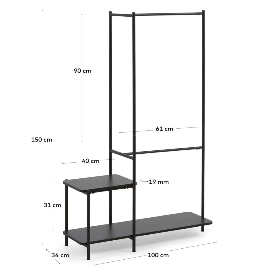 Galatia melamine and metal clothes rail with bench in black finish 100 x 150 cm