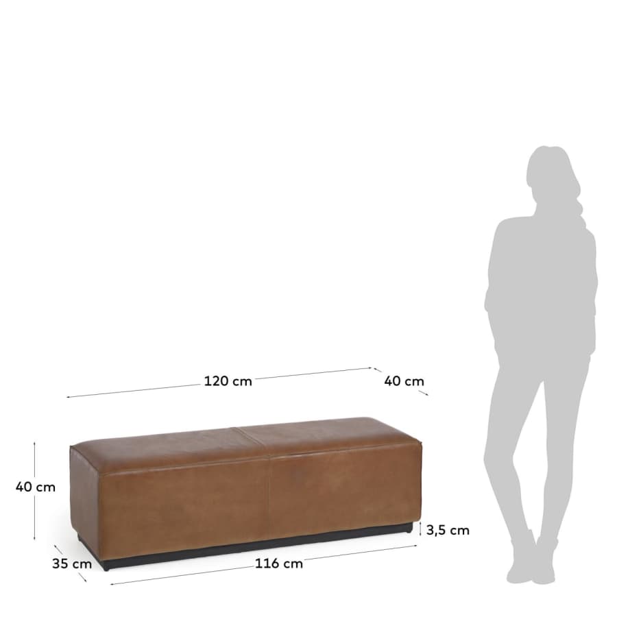 Cesia brown buffalo hide bench with wooden base 120 cm