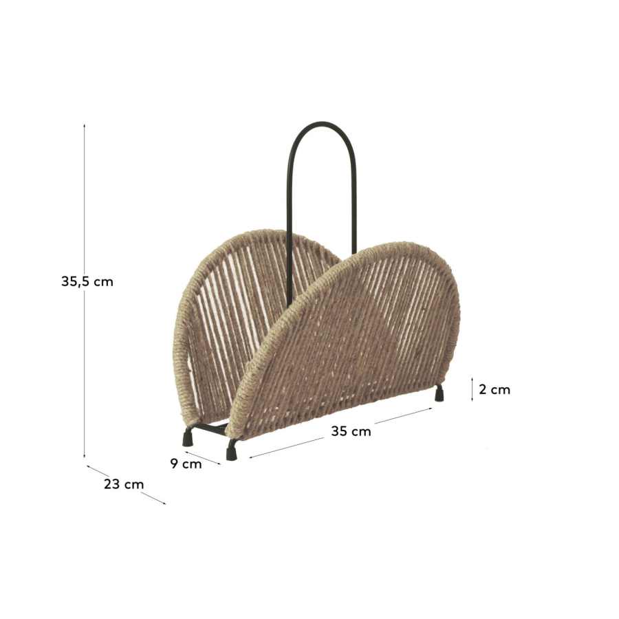 Elenys magazine rack made from metal with black finish and natural jute